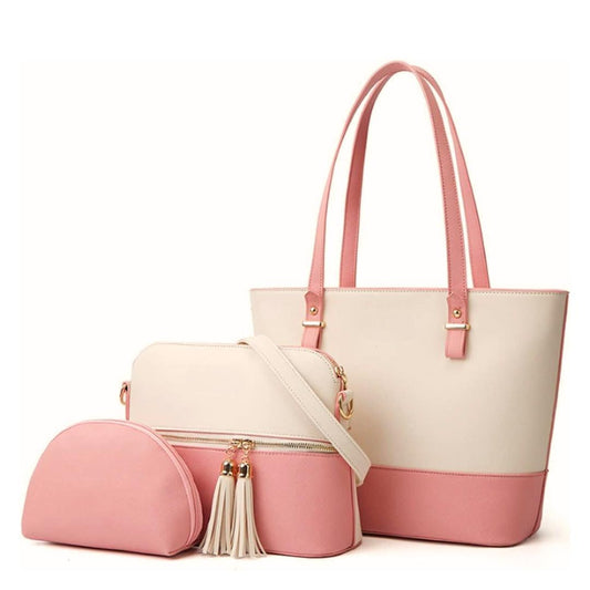 Chic Women's Pink PU Leather Shoulder Bag Stylish 3 Piece Set